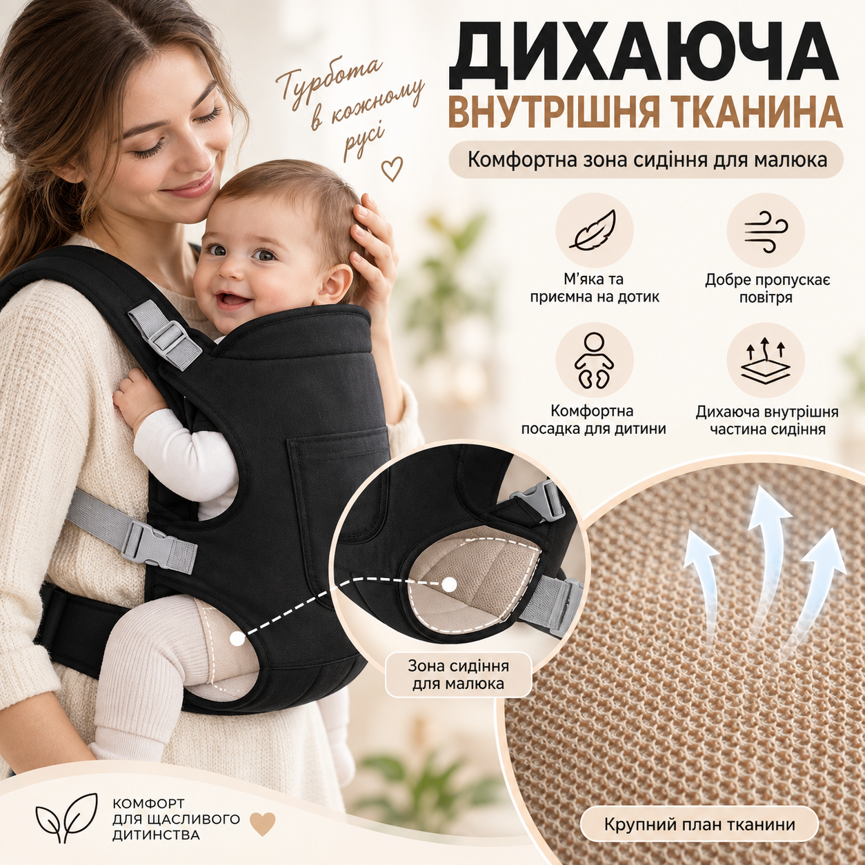 Дышащая ткань черного слинг-рюкзака кенгуру Baby Carrier крупным планом