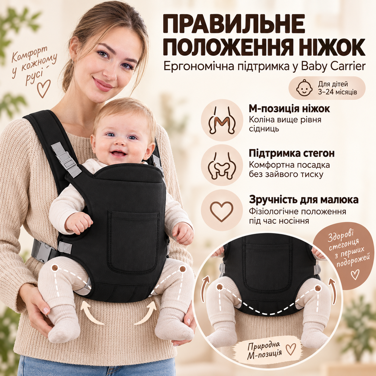 Положение ножек ребенка в черном эрго-рюкзаке Baby Carrier