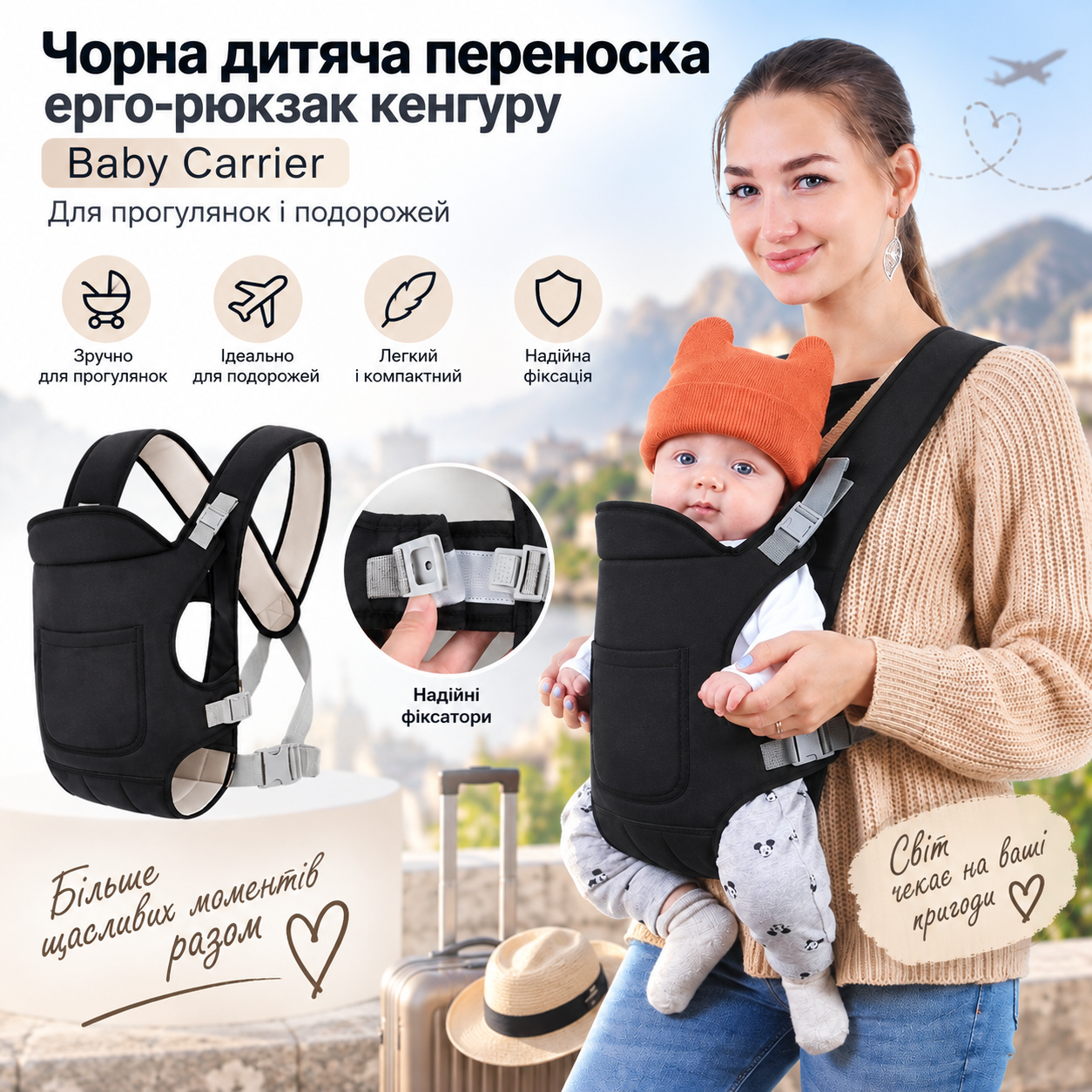 Черная детская переноска эрго-рюкзак кенгуру Baby Carrier для прогулок и путешествий