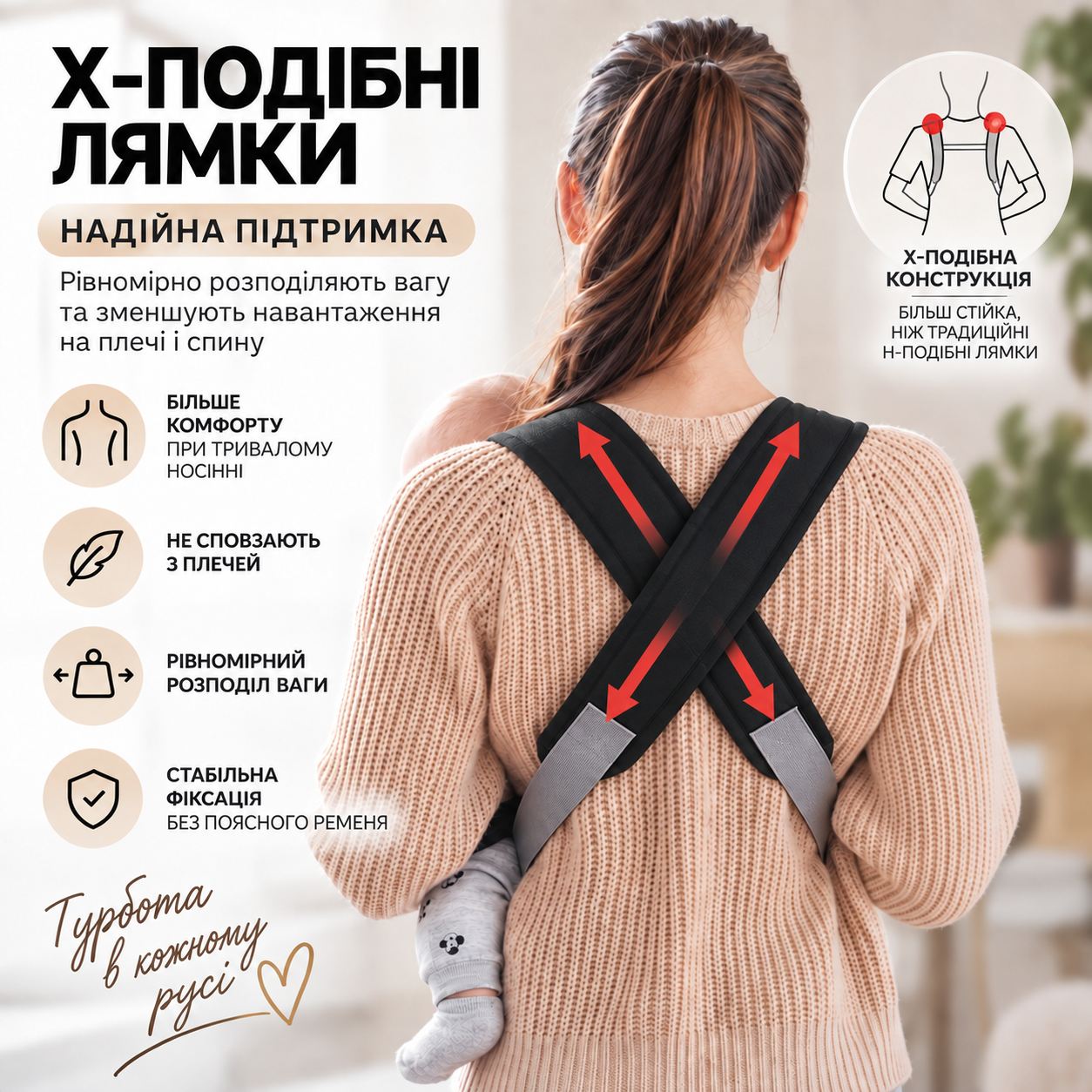 X-образные лямки черного рюкзака переноски Baby Carrier вид со спины