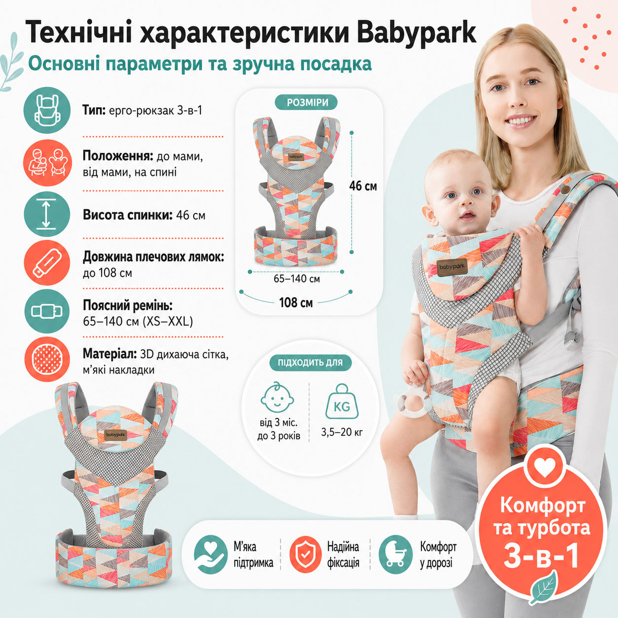 Технічні характеристики Babypark: розміри, вага 200г, до 30 кг