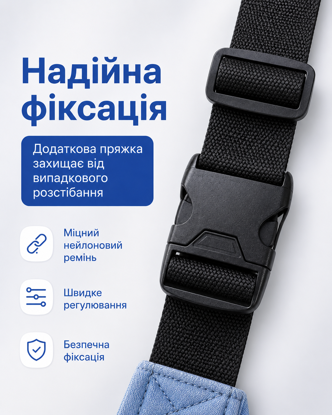 Чёрная нейлоновая пряжка-щелчок на голубой джинсовой переноске Denim