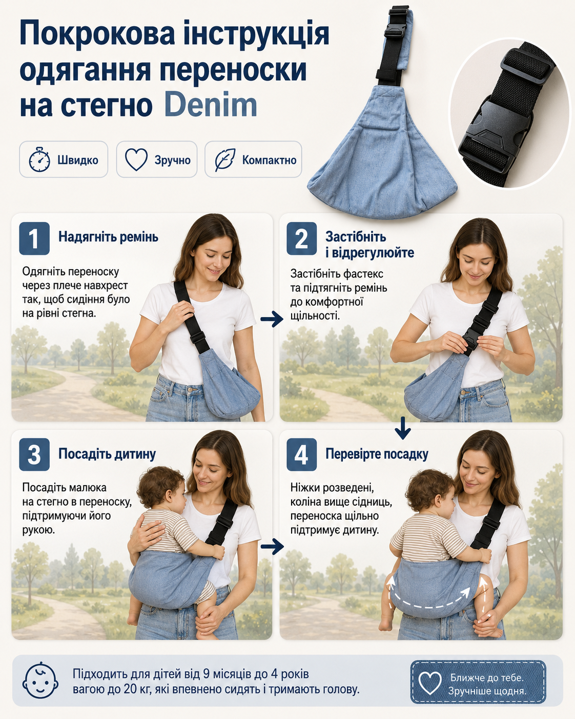 Пошаговая инструкция надевания переноски на бедро Denim