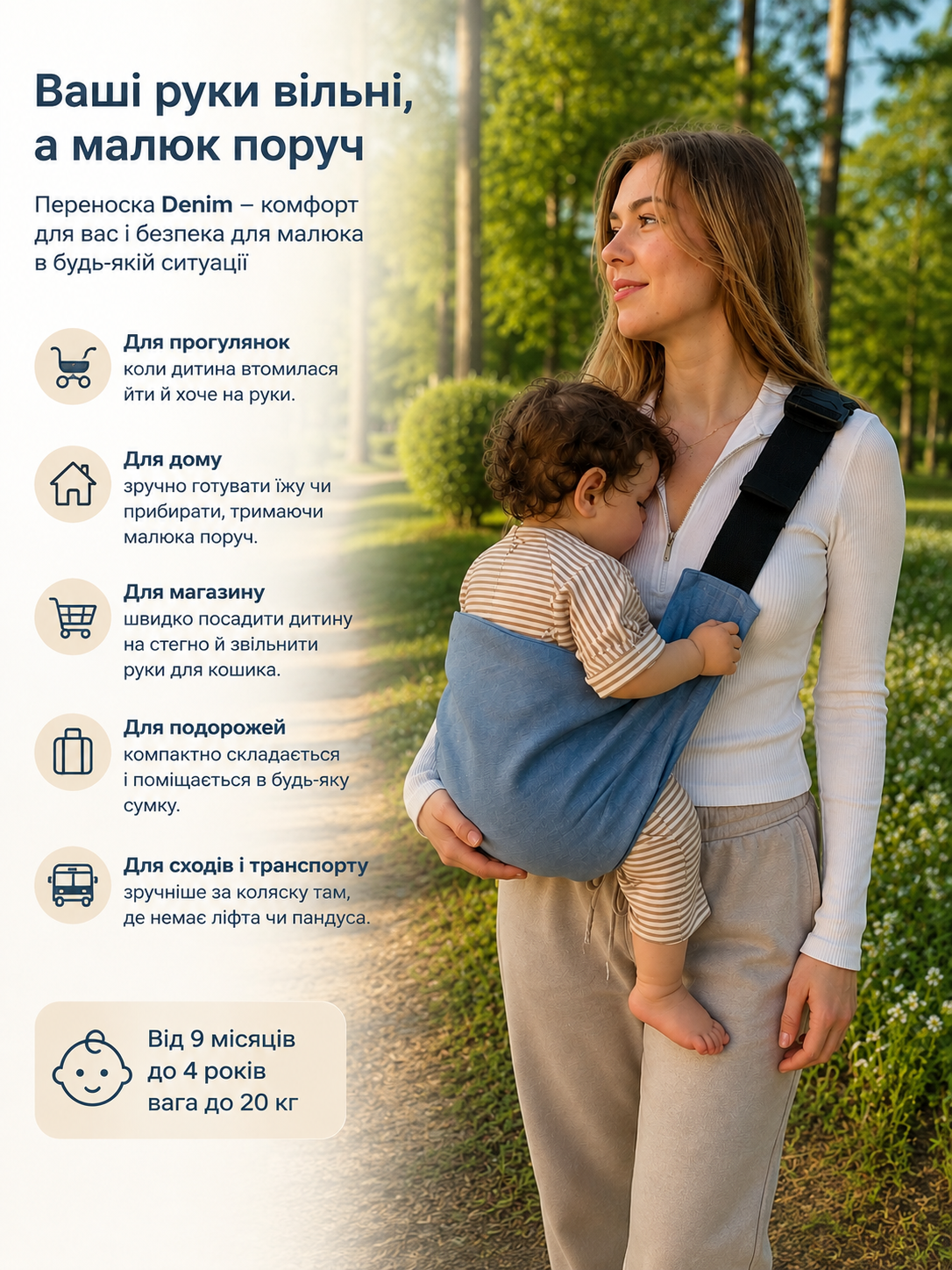 Мама с ребёнком пользуется голубой джинсовой переноской Denim на прогулке