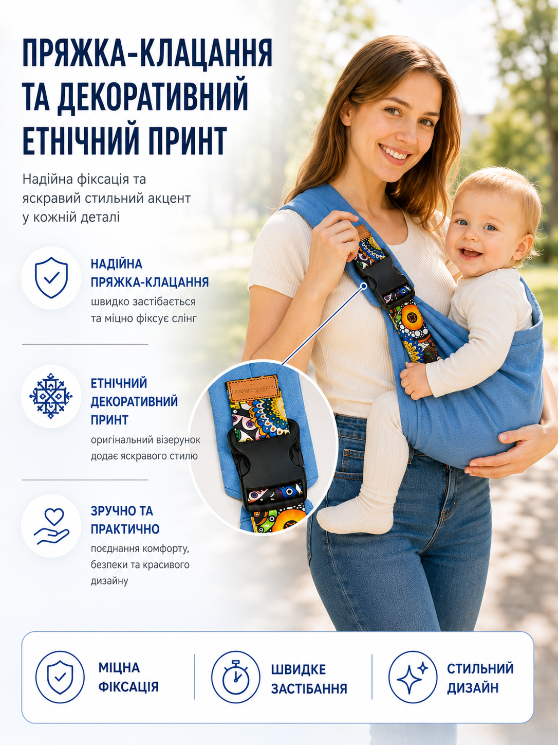 Пряжка-клипса и декоративный этнический принт на хлопковой слинг-переноске