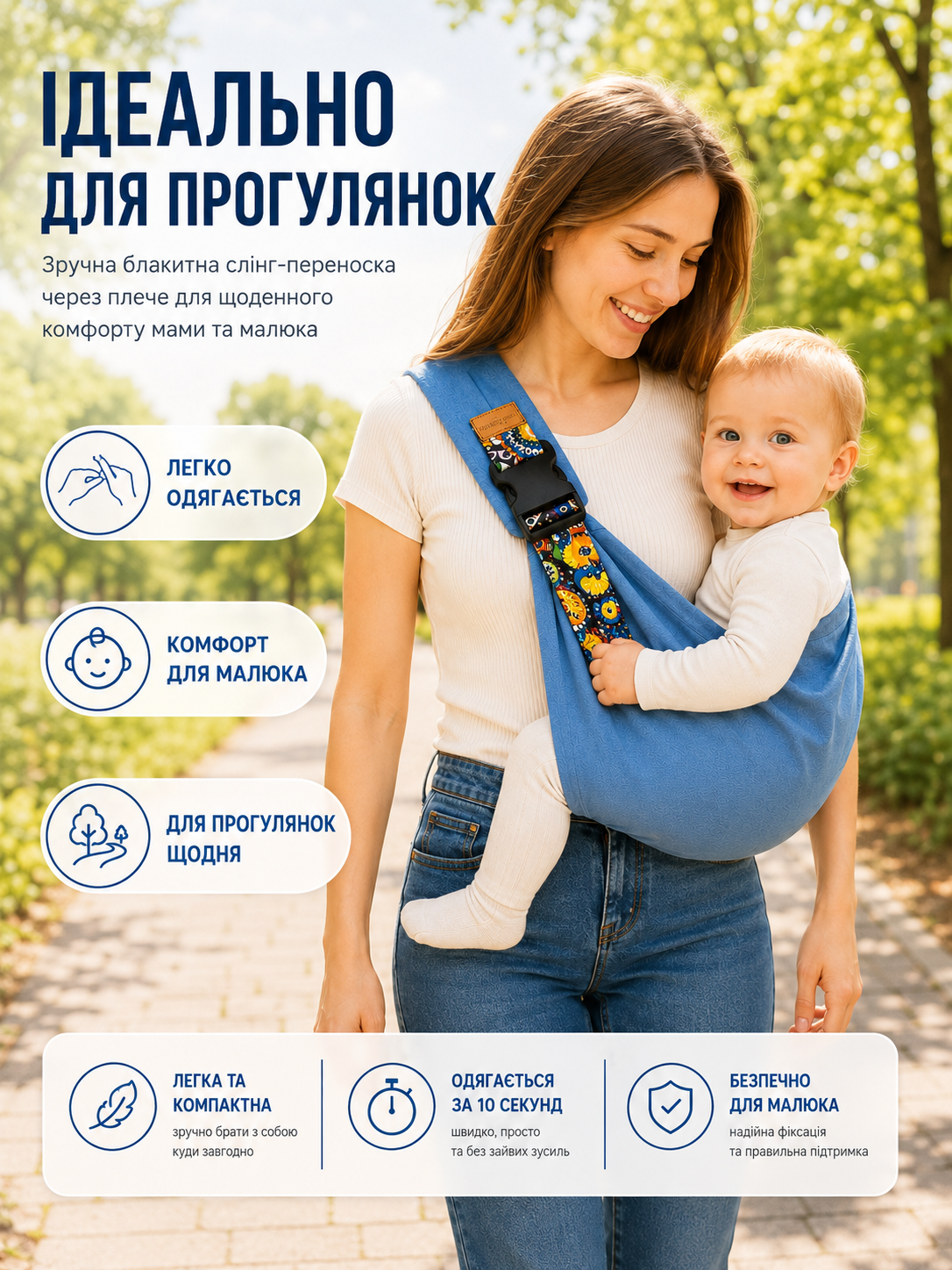 Голубая хлопковая слинг-переноска через плечо с ребенком на прогулке
