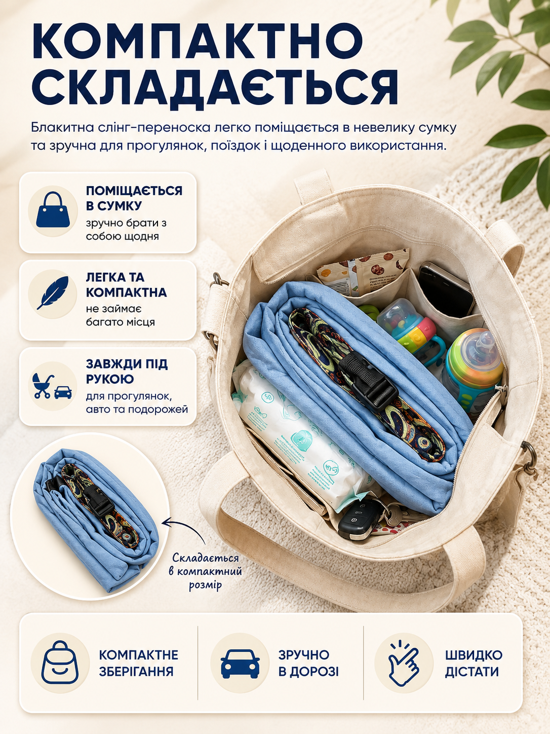 Сложенная голубая хлопковая переноска помещается в небольшую сумку