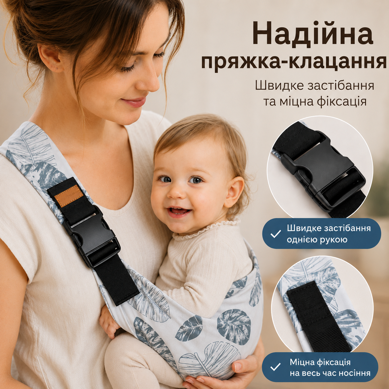 Пряжка-застежка и фирменная бирка на слинг-переноске с принтом листьев