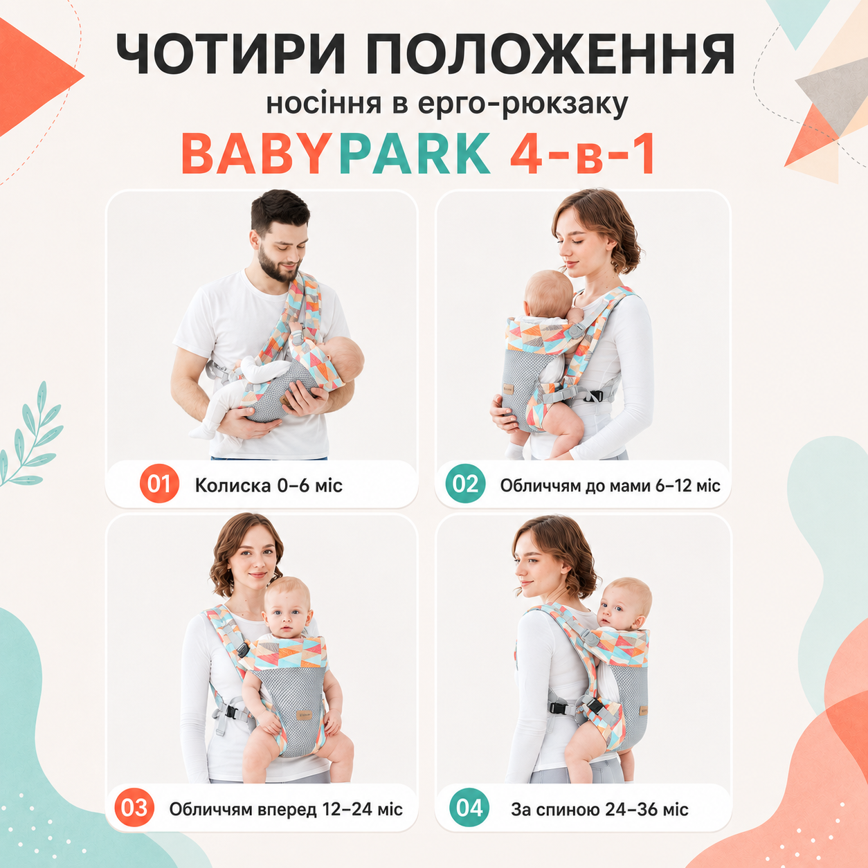 Чотири положення носіння в ерго-рюкзаку Babypark