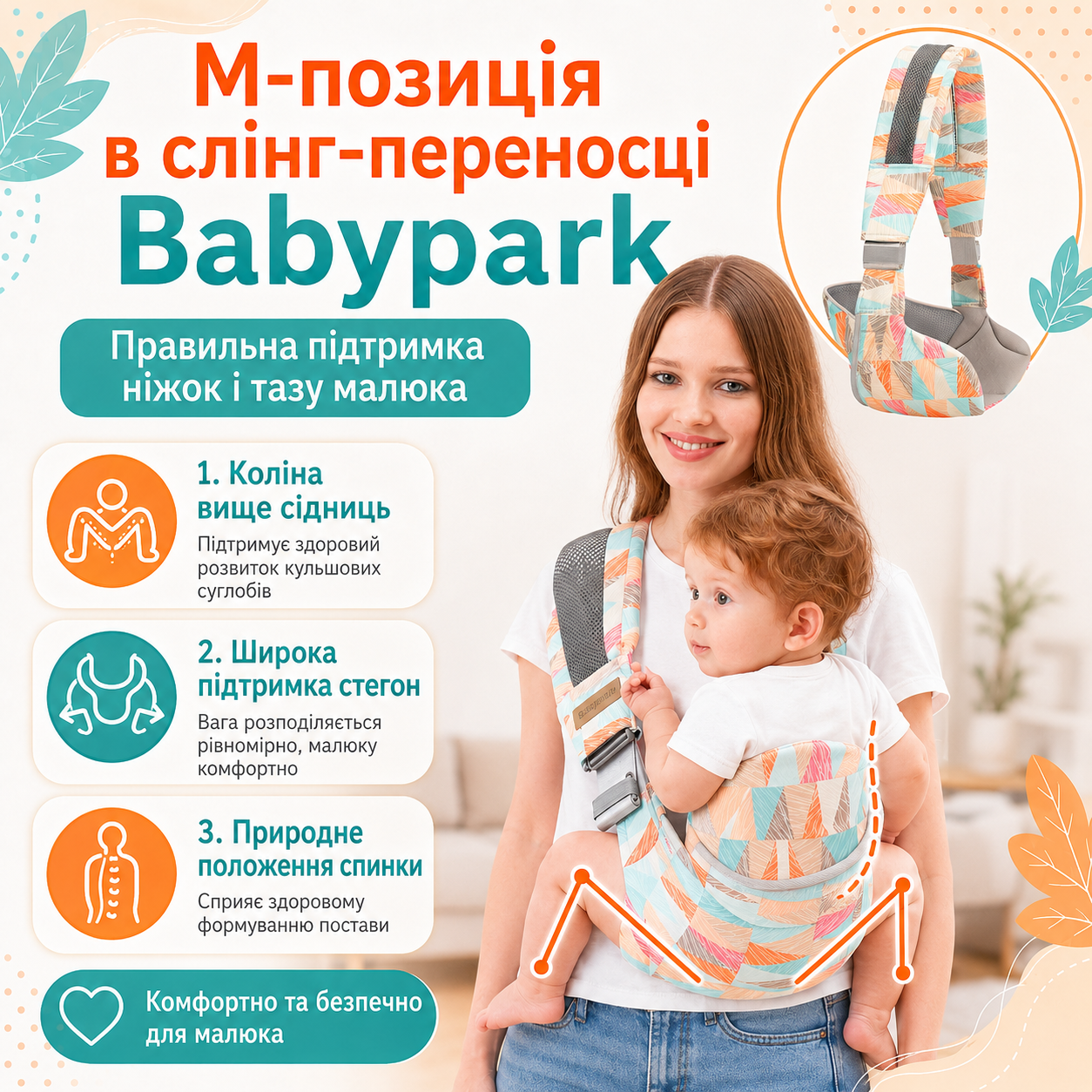 М-позиция в слинг-переноске Babypark