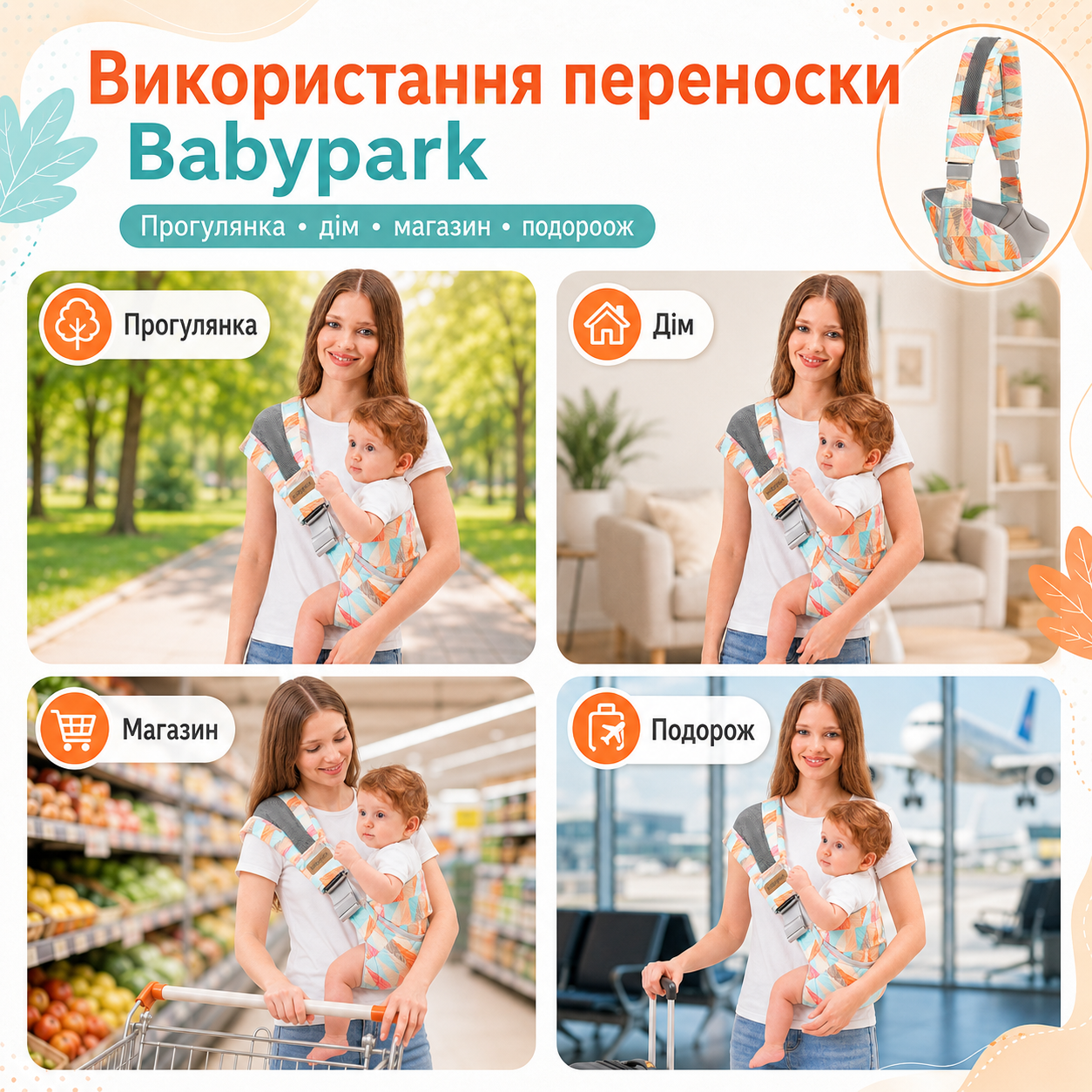 Использование переноски Babypark: прогулка, дом, магазин, путешествие